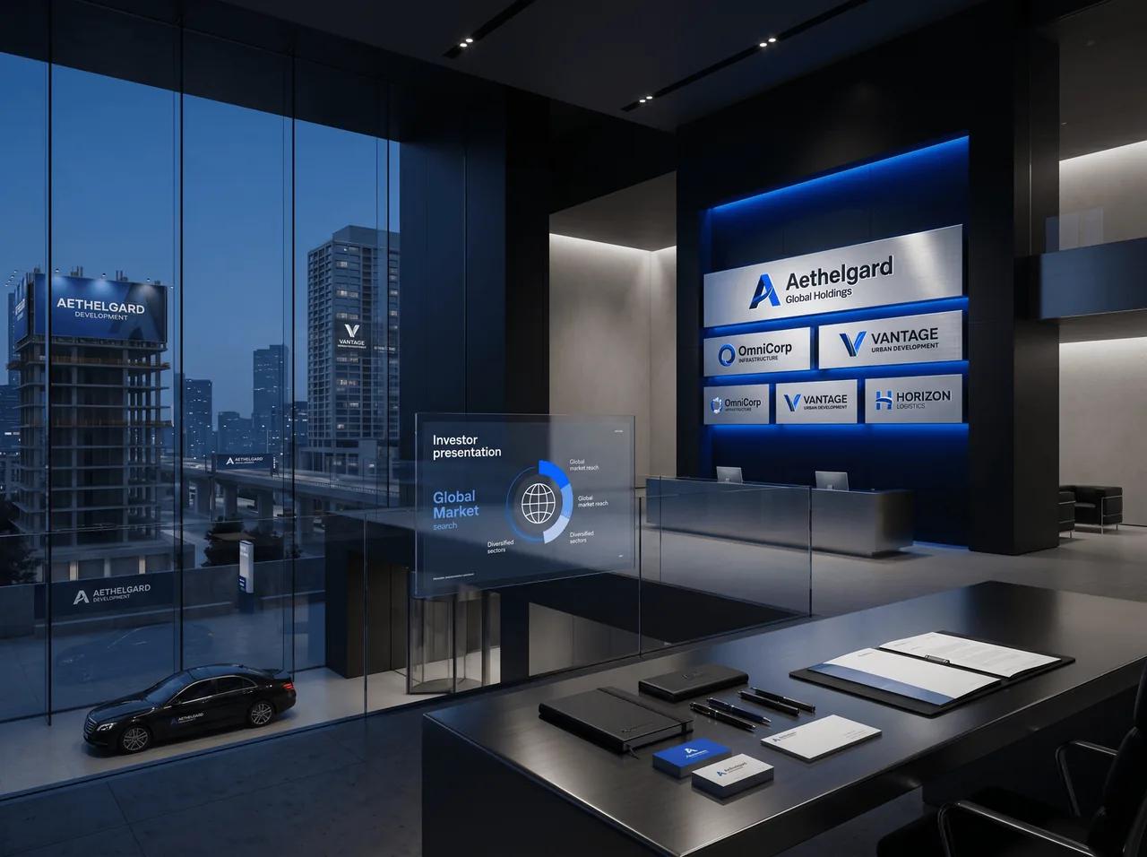 Aethelgard Global Holdings reception and brand mockup