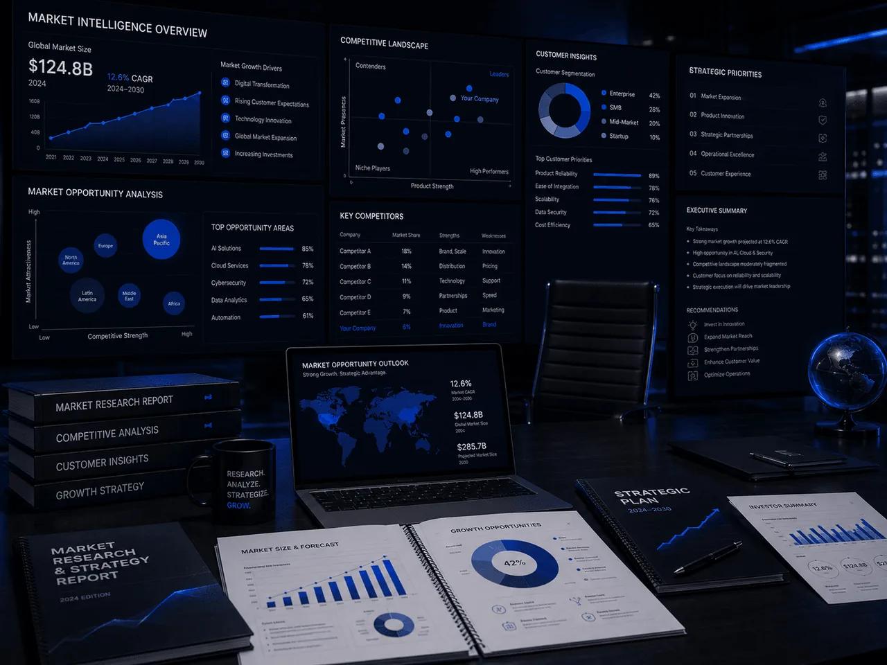 Market Intelligence Overview dashboard with market sizing charts