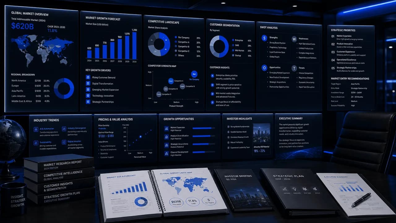 Market Research strategy command center with reports and books
