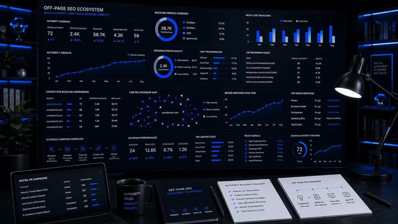Off-Page SEO authority command center dashboard