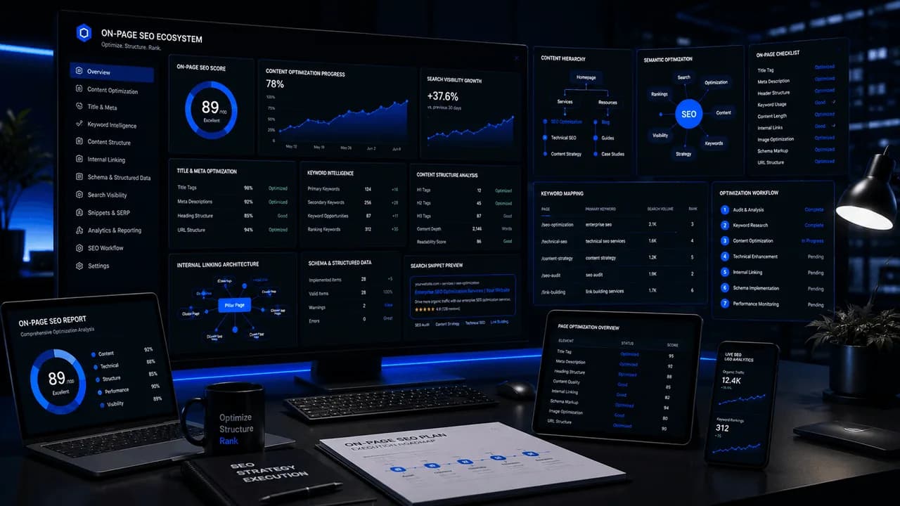On-Page SEO Ecosystem command center dashboard