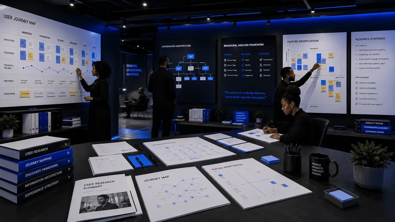 UX Discovery Sprint research desk with discovery plan and reports